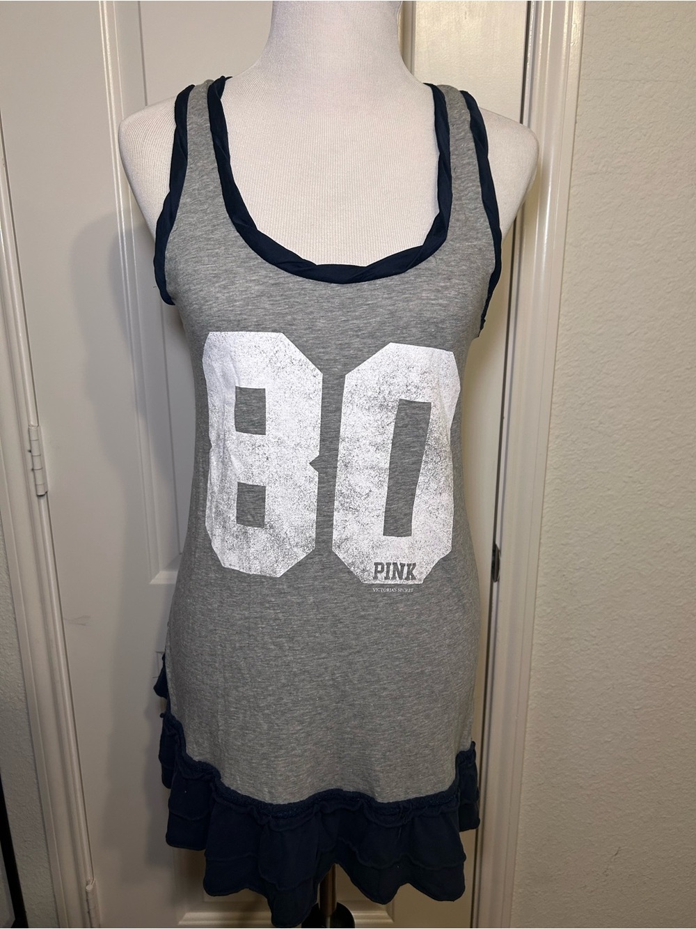 PINK Victoria's Secret Grey Tank with Navy Trim and White '80' Graphic